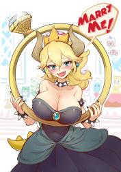 Rule 34 | armlet, bare shoulders, black dress, black nails, blonde hair, blue eyes, blush, bowsette, bracelet, breasts, cleavage, collar, crown, dress, earrings, english text, horns, jewelry, large breasts, looking at viewer, mario (series), marriage proposal, nail polish, nintendo, open mouth, ornate ring, pointy ears, ring, silversirius, smile, solo, spiked armlet, spiked bracelet, spiked collar, spikes, super crown