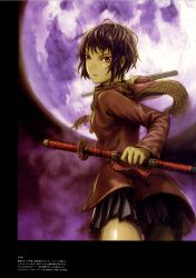 Rule 34 | 1girl, abe yoshitoshi, absurdres, black hair, full moon, highres, jacket, katana, looking back, moon, non-web source, original, page number, plaid, plaid scarf, pleated skirt, red eyes, scan, scarf, school uniform, sheath, short hair, skirt, solo, sword, translation request, weapon