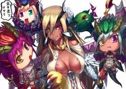 Rule 34 | &gt;:t, 4girls, :t, blonde hair, blue sonia (p&amp;d), breasts, chibi, claws, cleavage, commentary request, draggie (p&amp;d), dragon girl, dragon horns, dragon wings, egg, facial mark, gold egg (p&amp;d), green eyes, green sonia (p&amp;d), heterochromia, horns, large breasts, long hair, multiple girls, purple eyes, purple hair, puzzle &amp; dragons, rari (badominton), simple background, smile, sonia (p&amp;d), sonia gran, translation request, v-shaped eyebrows, white background, wings, yellow eyes