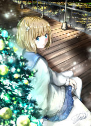 Rule 34 | 1girl, arm behind back, bad id, bad pixiv id, blue eyes, blue sailor collar, blue skirt, blurry, blurry background, blurry foreground, blush, bob cut, bokeh, brown cardigan, cardigan, christmas, christmas ornaments, christmas tree, city lights, commentary, depth of field, english commentary, fake antlers, hair ornament, hand on own thigh, highres, lamppost, light brown hair, looking at viewer, looking back, night, original, outdoors, pleated skirt, railing, sailor collar, scenery, short hair, signature, sitting, skirt, smile, snowing, solo, soragane (banisinngurei), star (symbol), star hair ornament, thighhighs, uniform, white thighhighs, winter, wooden floor