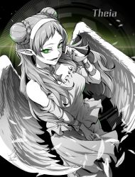 Rule 34 | + +, 1girl, bare shoulders, bracer, braid, braided bun, breasts, detached sleeves, double bun, dress, ebiblue, feathered wings, feathers, gesugao, green eyes, greyscale, hair bun, hairband, hand in own hair, highres, jewelry, long hair, looking at viewer, medium breasts, monochrome, open mouth, original, pendant, pointy ears, sidelocks, smile, solo, spot color, star (symbol), twitter username, wings