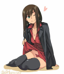 Rule 34 | 1girl, aqua eyes, arm support, breasts, brown hair, cleavage, clothes lift, federica n. doglio, heart, jacket, looking at viewer, one eye closed, panties, red panties, shirt lift, sitting, smile, solo, strike witches, thighhighs, underwear, uno ichi, wink, world witches series, yokozuwari