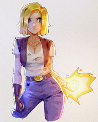 Rule 34 | 1girl, android 18, belt, black gloves, blonde hair, blue hair, blue pants, breasts, cleavage, cropped legs, davecavedraws, denim, dragon ball, dragonball z, gloves, glowing, high-waist pants, highres, jewelry, large breasts, necklace, pants, shirt, shirt tucked in, short hair, short sleeves, solo, torn clothes, torn shirt, white shirt