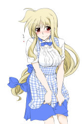 Rule 34 | 1girl, apron, blonde hair, blouse, blue bow, blue bowtie, blush, bow, bowtie, elf (stroll in the woods), fate testarossa, gingham apron, highres, hmx99 elf, kobeya uniform, long hair, looking at viewer, low-tied long hair, lyrical nanoha, plaid, plaid apron, red eyes, shirt, simple background, smile, solo, very long hair, white background, white shirt