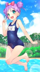 Rule 34 | 1girl, ahoge, bow, double bun, flat chest, green eyes, hair bow, heart, highres, manaka laala, one-piece swimsuit, open mouth, outdoors, palm tree, pretty series, pripara, purple hair, school swimsuit, short hair, solo, swimsuit, tree, urepito honke, v
