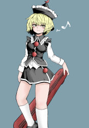 Rule 34 | 1girl, black footwear, black hat, black skirt, black vest, blonde hair, closed mouth, crescent, crescent hair ornament, eighth note, fe (tetsu), frilled hat, frills, grey background, hair ornament, hat, highres, holding, kneehighs, long sleeves, looking at viewer, lunasa prismriver, musical note, shirt, short hair, simple background, skirt, smile, socks, solo, standing, touhou, vest, white shirt, white socks, yellow eyes