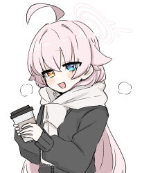 Rule 34 | 1girl, absurdres, ahoge, black jacket, blue archive, blue eyes, blush, coffee cup, cup, disposable cup, fami miminmin, halo, heterochromia, highres, holding, holding cup, hoshino (blue archive), jacket, long hair, looking at viewer, open mouth, pink hair, pink halo, purple hair, scarf, simple background, smile, solo, upper body, white background, white scarf, yellow eyes
