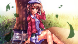 Rule 34 | 1girl, against tree, brown eyes, brown hair, casual, chai kim soon, dappled sunlight, day, grass, hand on headwear, hat, highres, katou megumi, leaf, looking at viewer, open mouth, outdoors, saenai heroine no sodatekata, short hair, sitting, solo, sunlight, tree, wind