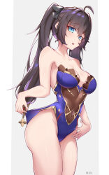 Rule 34 | 1girl, :o, absurdres, adjusting clothes, adjusting leotard, ahoge, alternate eye color, bare legs, bare shoulders, black hair, blue eyes, breasts, chinese commentary, collarbone, genshin impact, gold trim, groin, highres, leotard, long hair, medium breasts, mona (genshin impact), nail polish, purple leotard, qingshuisi yu ji, solo, thighs, twintails