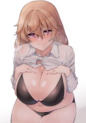 Rule 34 | 1girl, absurdres, alternate breast size, bikini, black bikini, blush, breasts, brown hair, cleavage, closed mouth, clothes lift, commentary request, hair between eyes, hands on own chest, highres, huge breasts, konoe kanata, lifted by self, long hair, long sleeves, looking at viewer, love live!, love live! nijigasaki high school idol club, nasuno (nasuno42), navel, purple eyes, shirt, shirt lift, simple background, smile, solo, sweat, swimsuit, white background, white shirt