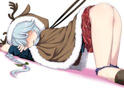 Rule 34 | 1girl, animal costume, antlers, ass, blush, bow, braid, brown eyes, brown socks, dutch angle, from side, grey hair, hair over eyes, hair ribbon, hamanami (kancolle), horns, kantai collection, kneehighs, kumadano, long hair, long sleeves, looking at viewer, open mouth, panties, panty pull, reindeer antlers, reindeer costume, ribbon, simple background, single braid, skirt, socks, sweat, top-down bottom-up, underwear, white background