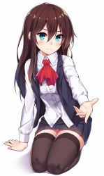 Rule 34 | 1girl, aqua eyes, arm support, black hair, black thighhighs, blush, commentary request, dress shirt, full body, long hair, looking at viewer, open clothes, open vest, original, ray-akila, ray littlechamber, seiza, shirt, simple background, sitting, skirt, solo, thighhighs, vest, white background, zettai ryouiki