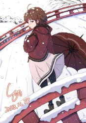 Rule 34 | 1girl, ahoge, black pantyhose, blush, boots, bridge, brown eyes, brown hair, closed mouth, clothes lift, commentary request, dated, facing away, frown, full body, highres, hood, hooded jacket, jacket, kantai collection, ld (luna dial398), looking at viewer, looking back, pantyhose, sad, short hair, signature, skirt, skirt lift, snow, snow on head, solo, standing, umbrella, wind, wind lift, yukikaze (kancolle)
