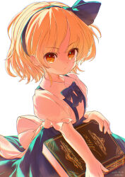 Rule 34 | 1girl, absurdres, alice margatroid, alice margatroid (pc-98), artist name, blonde hair, blue hairband, blue skirt, book, closed mouth, collared shirt, dated, grimoire, grimoire of alice, hairband, hamriku, highres, looking at viewer, shirt, short hair, short sleeves, signature, simple background, skirt, solo, touhou, touhou (pc-98), white background, white shirt, yellow eyes