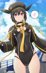 Rule 34 | 1girl, black choker, black hair, black hat, black jacket, black one-piece swimsuit, black wings, blue sky, blush, breasts, buttons, choker, closed mouth, clothing cutout, cloud, commentary request, covered navel, cross (crossryou), day, fate/grand order, fate (series), gluteal fold, hair between eyes, hat, head wings, highres, jacket, long sleeves, looking at viewer, medium breasts, one-piece swimsuit, open clothes, open jacket, ortlinde (fate), ortlinde (swimsuit assassin) (fate), outdoors, red eyes, short hair, sky, solo, speech bubble, swimsuit, valkyrie (fate), wings