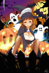 Rule 34 | 1girl, absurdres, bat (animal), blush, breasts, brown eyes, brown pantyhose, eyewear strap, full moon, ghost, glasses, halloween, halloween costume, happy halloween, hat, highres, jack-o&#039;-lantern, kantai collection, large breasts, long sleeves, looking at viewer, moon, neve (morris-minicooper), night, open mouth, pantyhose, pumpkin, roma (kancolle), shirt, short hair, sitting, solo, tree, turret, weapon, witch, witch hat