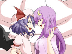 Rule 34 | 2girls, bat wings, blue hair, crescent, crescent hair ornament, female focus, hair ornament, long hair, miki purasu, multiple girls, patchouli knowledge, playing with own hair, purple hair, remilia scarlet, short hair, embodiment of scarlet devil, touhou, wings