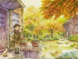 Rule 34 | 1girl, :o, ashida (5232334), autumn leaves, bag, blazer, blush, brick, brown eyes, brown hair, cat, child, door, forest, hair bobbles, hair ornament, hand up, hat, highres, house, jacket, long hair, mary janes, nature, neck ribbon, original, outdoors, painting (medium), plaid, plaid skirt, plant, potted plant, ribbon, scarf, scenery, school bag, school uniform, shoes, skirt, solo, traditional media, tree, twintails, watercolor (medium), window