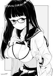 Rule 34 | 1girl, bikini, bikini under clothes, blush, breasts, cardigan, cleavage, closed mouth, flying sweatdrops, glasses, gradient background, greyscale, hand on own chest, kichihachi, large breasts, long hair, long sleeves, looking at viewer, monochrome, open cardigan, open clothes, original, pleated skirt, sailor collar, school uniform, simple background, skirt, sleeve cuffs, solo, stomach, straight hair, swimsuit, twitter username, unbuttoned