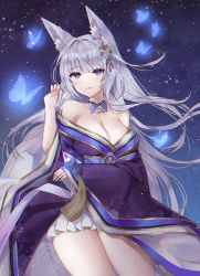 Rule 34 | 1girl, absurdres, animal ear fluff, animal ears, arm up, artist name, azur lane, bare shoulders, blunt bangs, breasts, bug, butterfly, cleavage, cowboy shot, fox ears, grey hair, hair between eyes, hair ornament, highres, insect, japanese clothes, kimono, large breasts, long hair, looking at viewer, mole, mole under eye, off shoulder, parted lips, poho, purple eyes, shinano (azur lane), smile, solo, star (symbol), starry background