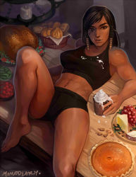 Rule 34 | 1girl, abs, artist name, barefoot, basket, black bra, black hair, black panties, black shorts, boyshort panties, bra, bread, breasts, brown eyes, chandelier, cheese, cowboy shot, cream, dark-skinned female, dark skin, eye of horus, facial mark, facial tattoo, female focus, food, food on clothes, food on face, fruit, grapes, gym shorts, hair tubes, indoors, leg up, licking lips, looking at viewer, lying, medium breasts, messy, midriff, momo-deary, muscular, muscular female, navel, on back, on table, overwatch, overwatch 1, panties, perky breasts, pharah (overwatch), pie, plate, short shorts, shorts, signature, smile, solo, sports bra, suggestive fluid, table, tattoo, tongue, tongue out, turkey (food), underwear