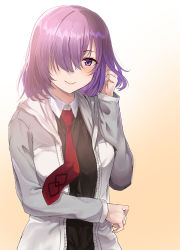 Rule 34 | 1girl, absurdres, ayul (ayulneri 92), bad id, bad pixiv id, blush, closed mouth, collared shirt, fate/grand order, fate (series), gradient background, hair over one eye, highres, long sleeves, looking at viewer, mash kyrielight, necktie, purple eyes, purple hair, red necktie, shirt, smile, solo, wing collar