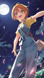 Rule 34 | 1girl, absurdres, birthday, field, flower, flower field, full moon, highres, hoshizora rin, looking at viewer, love live!, love live! school idol project, moon, moonlight, open mouth, orange hair, shirt, short sleeves, signature, sky, smile, solo, star (sky), starry sky, wedo, yellow eyes, yellow shirt