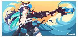 Rule 34 | 1girl, absurdres, arknights, artist name, baseball cap, blue hair, breasts, ch&#039;en (arknights), ch&#039;en the holungday (arknights), cleavage, dragon girl, dragon horns, dragon tail, eyewear on headwear, grey shorts, hat, highres, holding, holding water gun, horns, horns through headwear, large breasts, long hair, looking to the side, official alternate costume, open mouth, outstretched arm, postalworks, red eyes, shorts, solo, tail, teeth, upper body, water gun