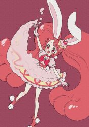 Rule 34 | 1girl, aji fry, animal ears, bow, cake, cake hair ornament, choker, commentary request, cure whip, dress, earrings, extra ears, food, food-themed hair ornament, food-themed ornament, fruit brooch, gloves, hair ornament, highres, icing, jewelry, kirakira precure a la mode, long hair, magical girl, open mouth, pink choker, pink corset, pink hair, pom pom (clothes), pom pom earrings, precure, rabbit ears, smile, solo, strawberry brooch, strawberry shortcake, twintails, usami ichika