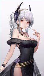 Rule 34 | 1girl, absurdres, bare shoulders, black dress, breasts, choker, commentary, dragon girl, dress, drill hair, drill ponytail, flower, frills, grey hair, heatia, highres, horns, large breasts, long hair, looking at viewer, multicolored hair, nail polish, off-shoulder dress, off shoulder, original, red eyes, revision, side slit, slit pupils, smile, solo, streaked hair