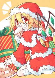 Rule 34 | 1girl, asameshi, blonde hair, blush stickers, cake, capelet, commentary, crystal, eating, flandre scarlet, food, food on face, food on hand, fruit, full body, fur-trimmed capelet, fur-trimmed headwear, fur-trimmed shirt, fur-trimmed skirt, fur-trimmed sleeves, fur trim, gift, hair between eyes, hat, highres, looking at viewer, medium hair, notice lines, red capelet, red eyes, red hat, red shirt, red skirt, santa costume, santa hat, seiza, shirt, sitting, skirt, socks, solo, strawberry, touhou, white socks, wings