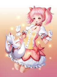 Rule 34 | bubble skirt, choker, dermiss, gloves, gradient background, kaname madoka, kyubey, magical girl, mahou shoujo madoka magica, mahou shoujo madoka magica (anime), open mouth, pink eyes, pink hair, short hair, short twintails, skirt, soul gem, twintails, white gloves