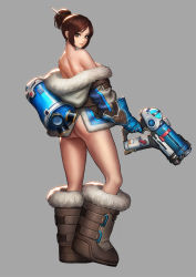 Rule 34 | 1girl, arm at side, ass, bare shoulders, belt, belt pouch, blizzard (company), blue gloves, boots, bottomless, breasts, brown eyes, brown footwear, brown hair, canister, coat, energy gun, finger on trigger, from behind, from side, full body, fur-trimmed boots, fur-trimmed jacket, fur boots, fur coat, fur trim, gloves, gun, hair bun, hair ornament, hair stick, handgun, highres, holding, holding gun, holding weapon, jacket, jungon kim, knee boots, looking at viewer, looking back, medium breasts, mei (overwatch), naked coat, no eyewear, no panties, no pants, nose, off shoulder, open clothes, open coat, overwatch, overwatch 1, parka, pink lips, pouch, ray gun, short hair, sidelocks, single hair bun, smile, snow boots, snowball (overwatch), solo, standing, strap, swept bangs, utility belt, weapon, winter clothes, winter coat