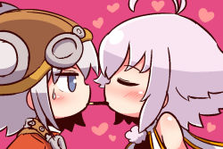 Rule 34 | 2girls, antenna hair, bare shoulders, blush, brown hat, brown jacket, closed eyes, closed mouth, copyright request, facing another, food, food in mouth, hat, heart, jacket, long hair, looking at another, multiple girls, naga u, pink hair, pocky, pocky kiss, portrait, pratty, profile, purple background, shared food, sidelocks, silver hair, sugarette, summon night, summon night: swordcraft story, sweat, yuri