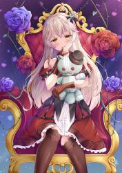 1girl arisu830530 black_gloves black_thighhighs blush chair charlotta_skopovskaya dress floral_print flower gloves grey_hair hair_bun heaven_burns_red highres long_hair looking_at_viewer off_shoulder red_dress rose single_hair_bun solo stuffed_animal stuffed_cat stuffed_toy thighhighs yandere yellow_eyes