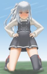 Rule 34 | 10s, 1girl, angry, belt, black ribbon, black thighhighs, blue sky, blush, buttons, day, dress, from below, frown, grass, grey hair, hair ribbon, hands on own hips, highres, kantai collection, kasumi (kancolle), kasumi kai ni (kancolle), kneeling, long hair, long sleeves, mary janes, neck ribbon, red ribbon, ribbon, school uniform, shirt, shoes, side ponytail, single thighhigh, sky, sleeveless, sleeveless dress, solo, t2r, thighhighs, white ribbon, white shirt, yellow eyes