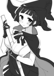Rule 34 | 1girl, alternate breast size, bamboo, between breasts, blunt bangs, braid, braided bun, breasts, cape, dress, gloves, greyscale, hair bun, halloween costume, hat, higaragi, highres, kantai collection, medium breasts, monochrome, myoukou (kancolle), sideboob, sleeveless, sleeveless dress, smile, solo, witch hat