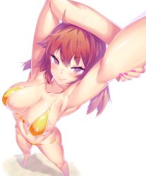 Rule 34 | 1girl, armpits, arms up, bikini, blush, breasts, collarbone, dev (dev0614), from above, highres, large breasts, looking at viewer, medium hair, nail polish, navel, original, pink nails, purple eyes, red hair, shadow, smile, solo, standing, stretching, swimsuit, wet, white background