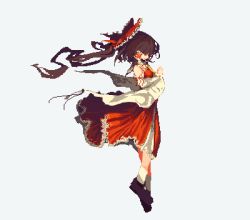 Rule 34 | ascot, bare shoulders, black footwear, bow, brown hair, detached sleeves, frilled bow, frilled shirt collar, frilled skirt, frills, hair bow, hair tubes, hakurei reimu, long hair, long sleeves, lowres, mary janes, no eyes, own hands together, petticoat, ponytail, red skirt, ribbon, ribbon-trimmed sleeves, ribbon trim, shirt, shoes, short hair, short hair with long locks, simple background, skirt, sleeveless, sleeveless shirt, socks, solo, tea basira, touhou, white background, yellow ascot