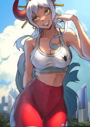 Rule 34 | 1girl, adapted costume, alternate costume, blue sky, breasts, city, cityscape, cloud, exercising, funi xd, hair ornament, hair stick, highres, horns, long hair, medium breasts, modern architecture, one piece, red horns, red shorts, shorts, sky, smile, tank top, tree, white tank top, yamato (one piece)