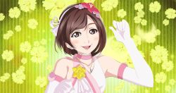 Rule 34 | 10s, 1girl, :d, bokutachi wa hitotsu no hikari, brown eyes, brown hair, corsage, elbow gloves, floral background, flower, gloves, hair flower, hair ornament, hairband, hoshizora rin, iida riho, jewelry, looking at viewer, love live!, love live! school idol project, open mouth, otsuki (aquatictai cqb), paw pose, pendant, voice actor, short hair, smile, solo, striped, striped background, upper body, vertical stripes