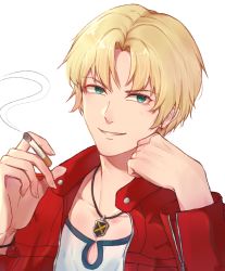 Rule 34 | 1boy, absurdres, artist name, blonde hair, collarbone, commentary request, fate/apocrypha, fate (series), genderswap, genderswap (ftm), green eyes, grin, hands up, highres, holding, jacket, jewelry, kirra1808, long sleeves, looking at viewer, male focus, mordred (fate), mordred (fate/apocrypha), mordred (memories at trifas) (fate), necklace, open clothes, open jacket, pendant, portrait, red jacket, shirt, short hair, simple background, smile, solo, upper body, white background