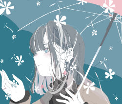 Rule 34 | 1girl, absurdres, black sweater, blue background, blue eyes, blunt bangs, blush, brown jacket, closed mouth, colored inner hair, commentary request, earrings, falling petals, flower earrings, from side, grey hair, highres, holding, holding umbrella, jacket, jewelry, long sleeves, looking ahead, multicolored hair, no pupils, nocopyrightgirl, open clothes, open hand, open jacket, original, pale skin, petals, portrait, ring, sidelocks, solo, sweater, turtleneck, turtleneck sweater, umbrella