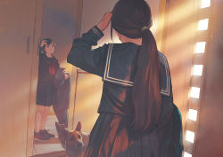 Rule 34 | 1girl, adidas, animal, blazer, blue sailor collar, blue shirt, blue skirt, brown eyes, brown hair, closed mouth, commentary, dog, duplicate, from behind, hand in own hair, hand up, head tilt, holding, indoors, jacket, long hair, long sleeves, mirror, morifumi, neckerchief, original, pixel-perfect duplicate, pleated skirt, ponytail, red neckerchief, sailor collar, school uniform, serafuku, shirt, shoes, skirt, smile, sneakers, standing, sunlight, symbol-only commentary, very long hair, welsh corgi