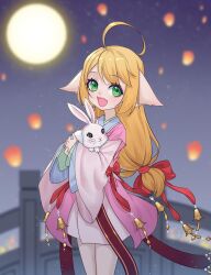 Rule 34 | 1girl, :d, ahoge, animal, animal ears, arch bridge, bell, blonde hair, blurry, bow, chinese clothes, cowboy shot, dress, dress bow, ears down, fang, fox ears, full moon, green eyes, hair bow, hanfu, highres, holding, holding animal, huyao xiao hongniang, kumu zaisheng, lantern, long hair, long sleeves, looking at viewer, low-tied long hair, mid-autumn festival, moon, night, night sky, open mouth, outdoors, paper lantern, pink dress, rabbit, red bow, short dress, sky, sky lantern, smile, solo, swept bangs, tushan susu, very long hair, wide sleeves
