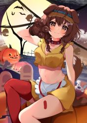Rule 34 | 1girl, :3, animal collar, animal ears, animal hands, apron, blush, bone-shaped pupils, bone hair ornament, braid, brown eyes, brown hair, claw pose, closed mouth, collar, crop top, dog ears, dog girl, dog tail, doggy god&#039;s street, gloves, hair between eyes, hair ornament, hairclip, halloween, highres, hololive, hoso-inu, inugami korone, jack-o&#039;-lantern, long hair, looking at viewer, low twin braids, low twintails, midriff, miniskirt, navel, paw gloves, pumpkin, red collar, red thighhighs, single thighhigh, sitting, skirt, smile, solo, spiked collar, spikes, symbol-shaped pupils, tail, takumin dx, tank top, thighhighs, twin braids, twintails, v-shaped eyebrows, virtual youtuber, visor cap, waist apron, white apron, yellow skirt, yellow tank top, yubi yubi (inugami korone)