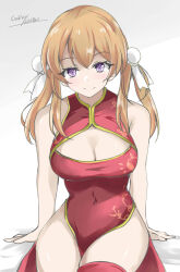 Rule 34 | 1girl, blonde hair, breasts, bun cover, china dress, chinese clothes, cleavage cutout, clothing cutout, covered navel, double bun, dress, gakky, grey eyes, hair bun, highres, kantai collection, large breasts, long hair, looking at viewer, one-hour drawing challenge, prinz eugen (kancolle), red dress, sitting, sleeveless, sleeveless dress, solo, twintails