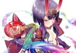 Rule 34 | 1girl, alcohol, blunt bangs, breasts, cup, eyebrows, eyeshadow, fate/grand order, fate (series), furisuku, gourd, horns, japanese clothes, kimono, liquid, looking at viewer, makeup, oni, open clothes, open kimono, purple eyes, purple hair, revealing clothes, sakazuki, sake, shuten douji (fate), simple background, skin-covered horns, small breasts, smile, solo, thick eyebrows, white background
