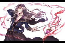 Rule 34 | 10s, 1boy, akizuno, belt, chain, earrings, ezecrain, facial mark, fire, forehead mark, granblue fantasy, grey hair, highres, jewelry, letterboxed, long hair, male focus, purple eyes, simple background, solo, teeth, white background