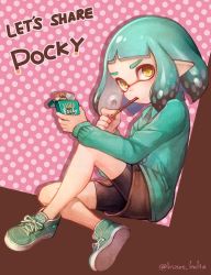 Rule 34 | 1girl, bike shorts, domino mask, english text, female focus, food, highres, inkling player character, kiitos, mask, nintendo, pocky, shoes, sneakers, solo, splatoon (series), tentacle hair, twitter username, yellow eyes